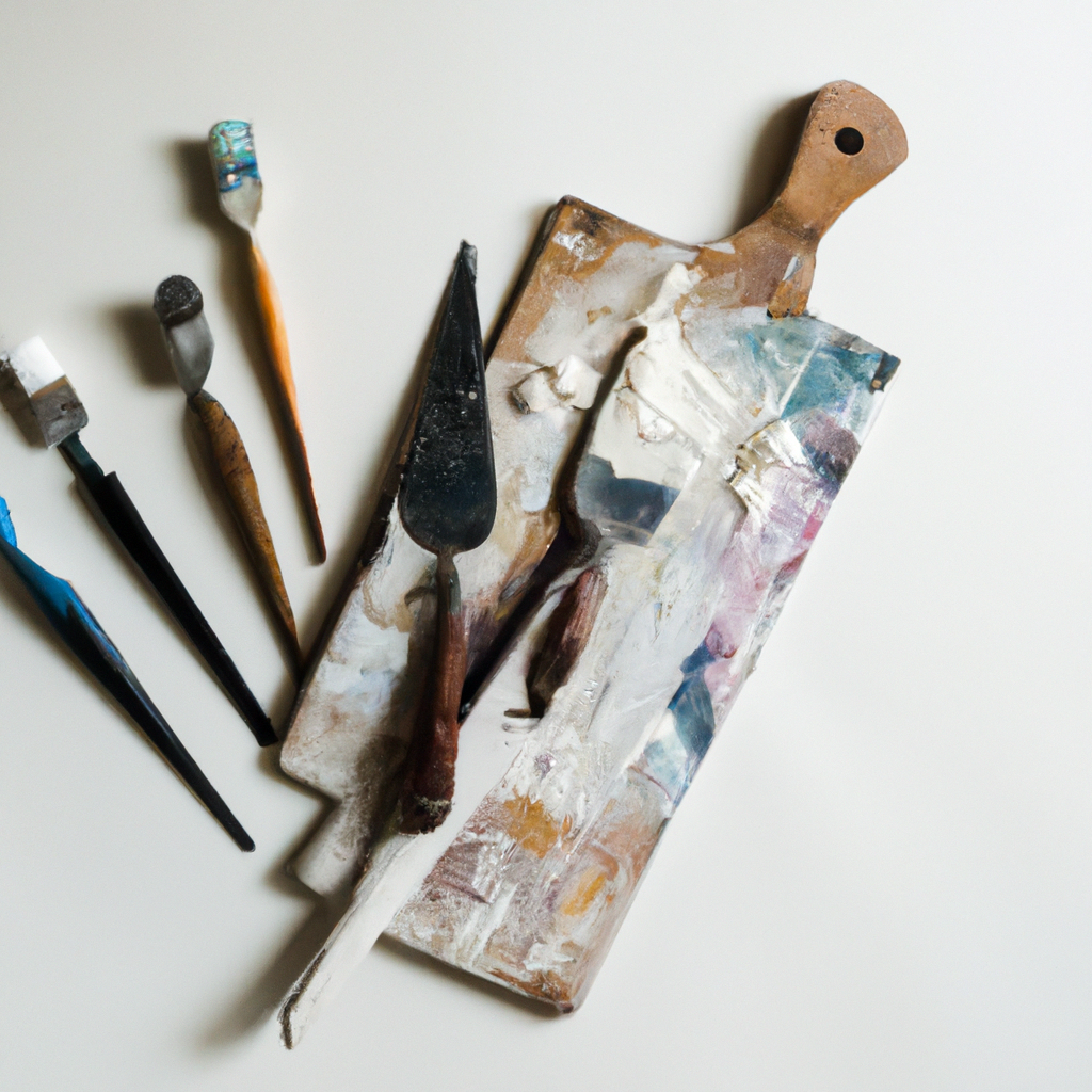 Minimalist oil painting setup with brushes and palette knives on a white table
